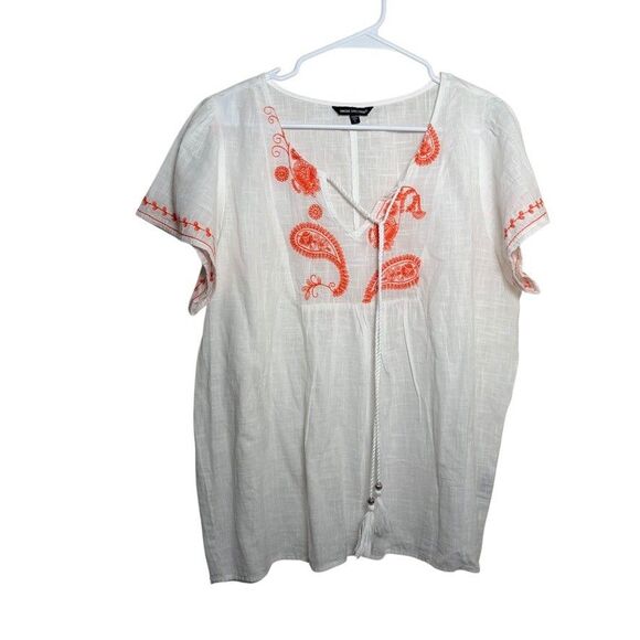 Unique Spectrum Blouse Women's Large V-Neck Embroidered Short Sleeve Tie Top - Picture 1 of 10